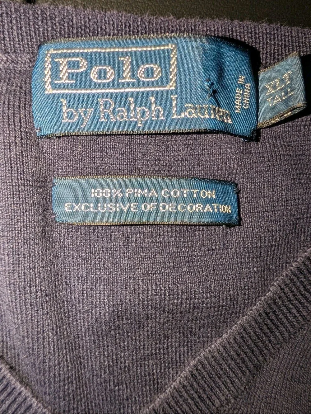 Polo Ralph Lauren V Neck Sweater Vest Mens XLT Tall Pima Cotton Navy